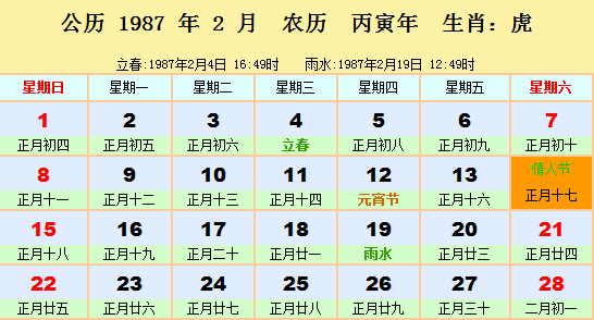 1987年日曆表1987年農曆陽曆表